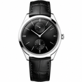 Men's dress watch with black dial, polished steel case, and black leather strap