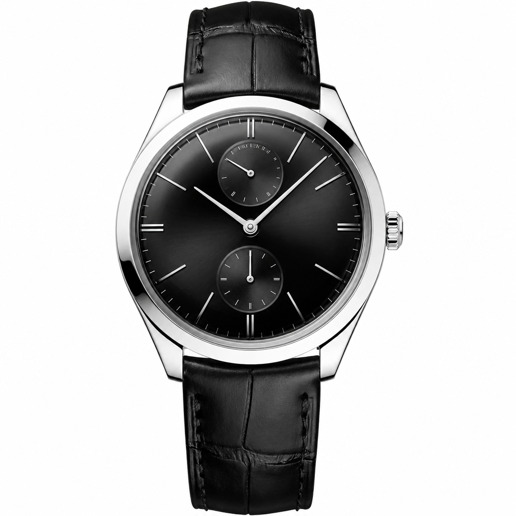 Men's dress watch with black dial, polished steel case, and black leather strap