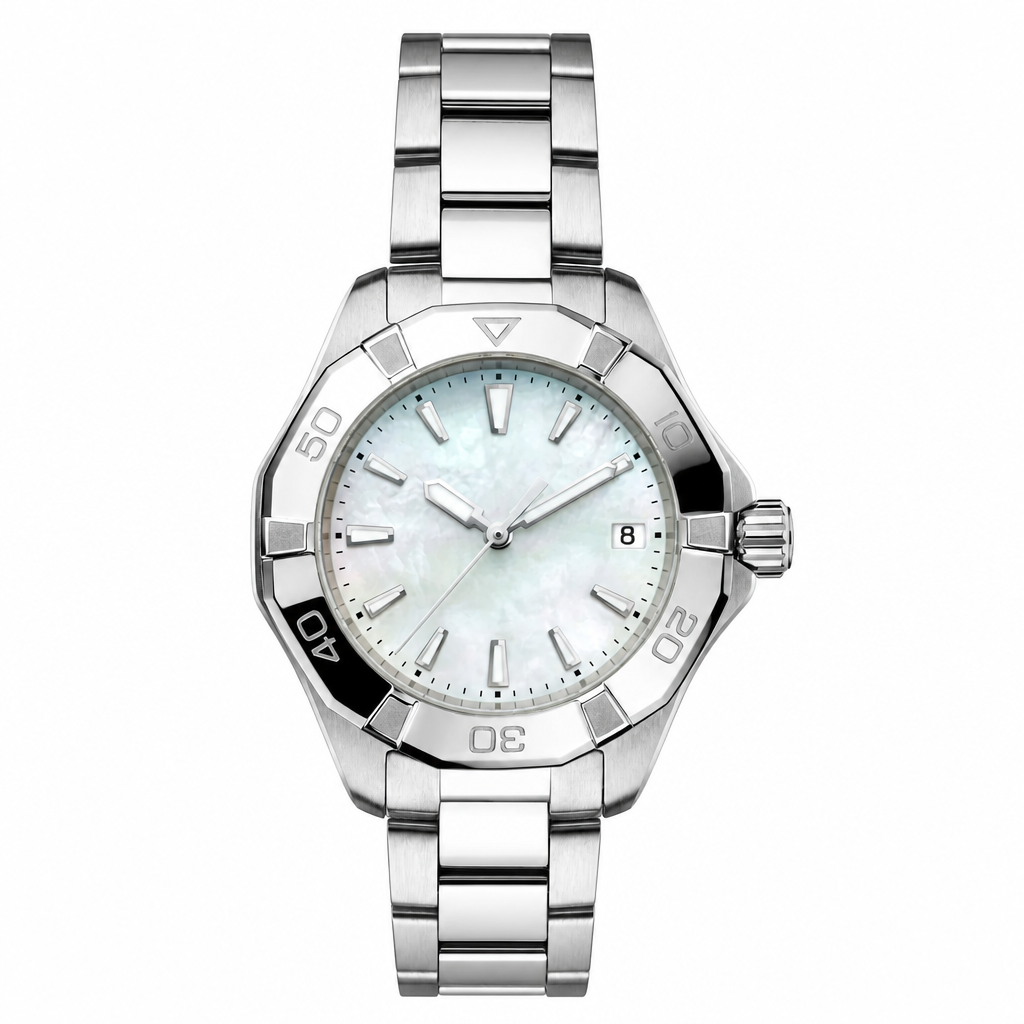Stainless steel sport watch with mother-of-pearl dial and date window on white background