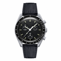 Chronograph watch with black leather strap and black dial on white background