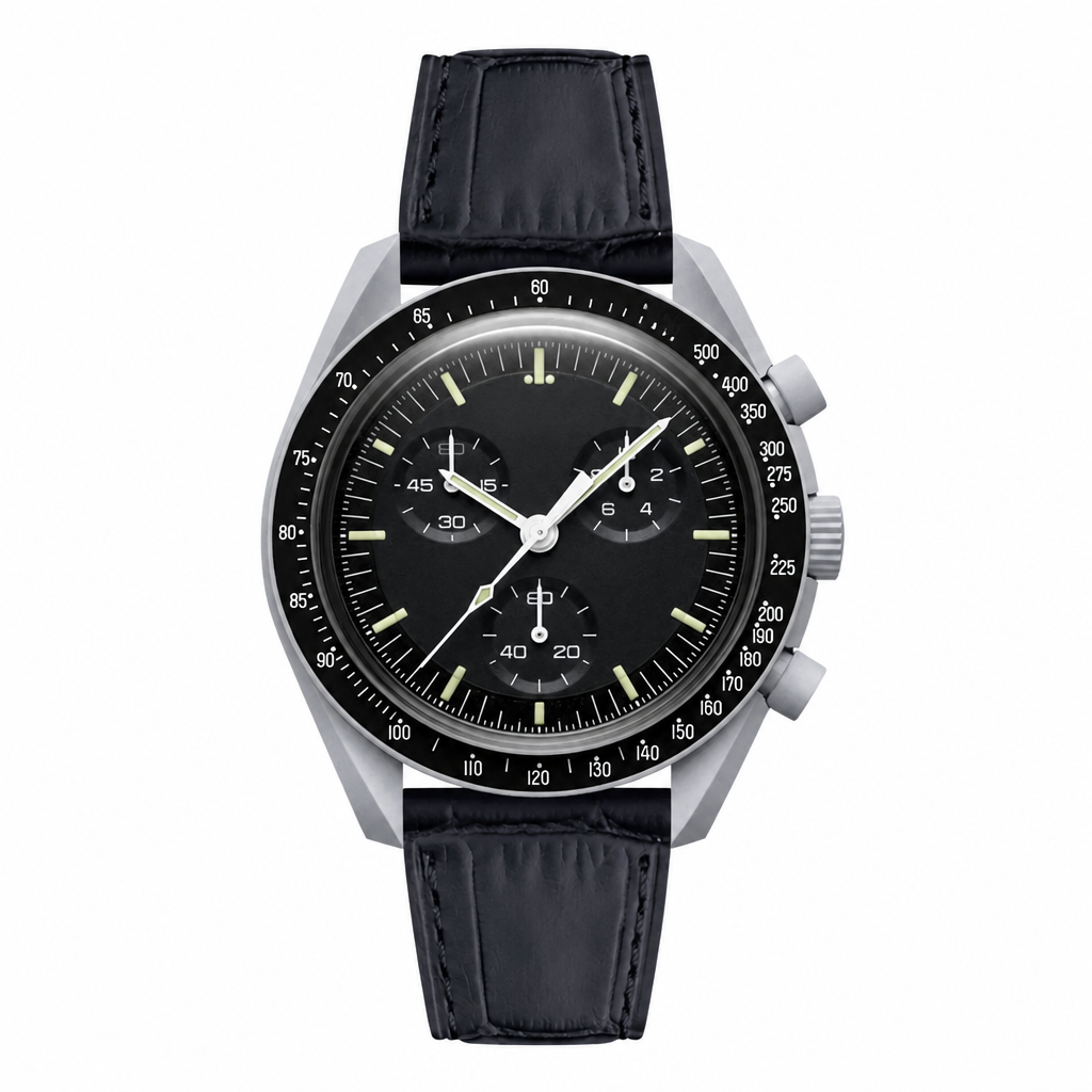 Chronograph watch with black leather strap and black dial on white background