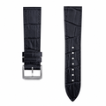 Black embossed leather watch strap with silver buckle on white background