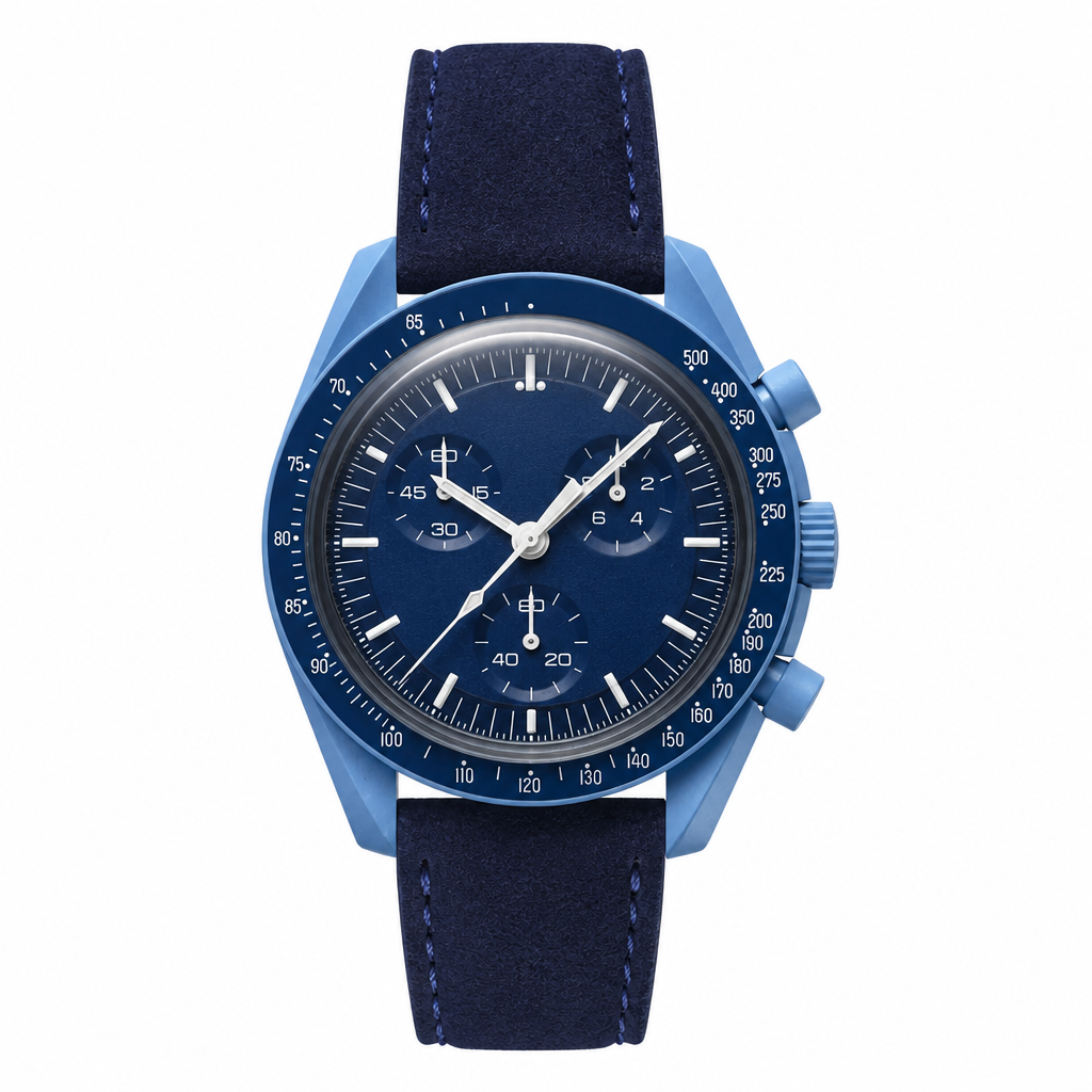 Blue chronograph wristwatch with blue suede strap on white background