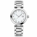 Women's silver metal dress watch with white dial and crystal hour markers