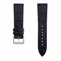 Black embossed leather watch strap with stainless steel buckle on white background