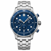 Relógio de mergulho em aço inoxidável com mostrador azul, 44 mm