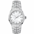 Women's dress watch with silver metal bracelet and jewel bezel on white background