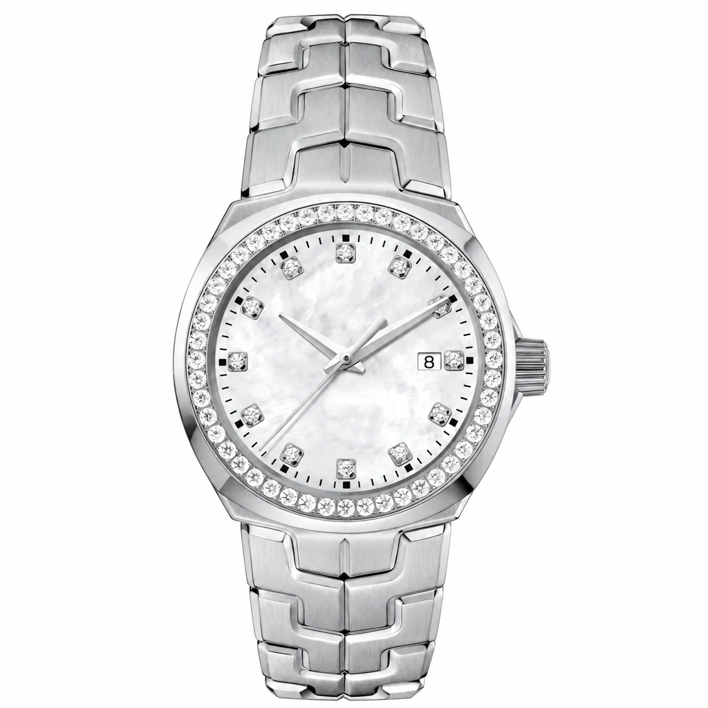 Women's dress watch with silver metal bracelet and jewel bezel on white background