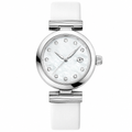 Women's dress watch with white mother-of-pearl dial, silver case, and white strap