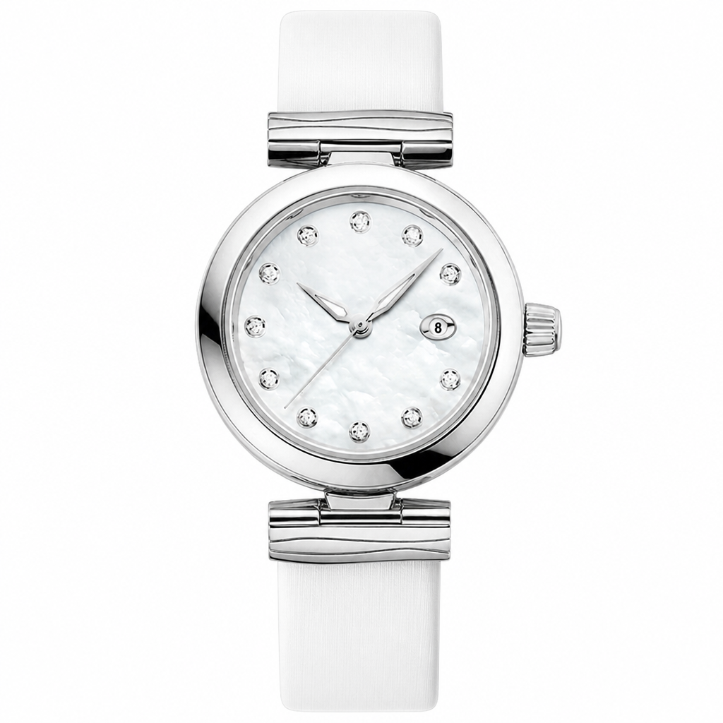 Women's dress watch with white mother-of-pearl dial, silver case, and white strap