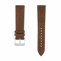 Brown suede leather watch strap with silver-tone buckle on white background