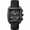 Modern chronograph watch with carbon fiber square case and black woven fabric strap
