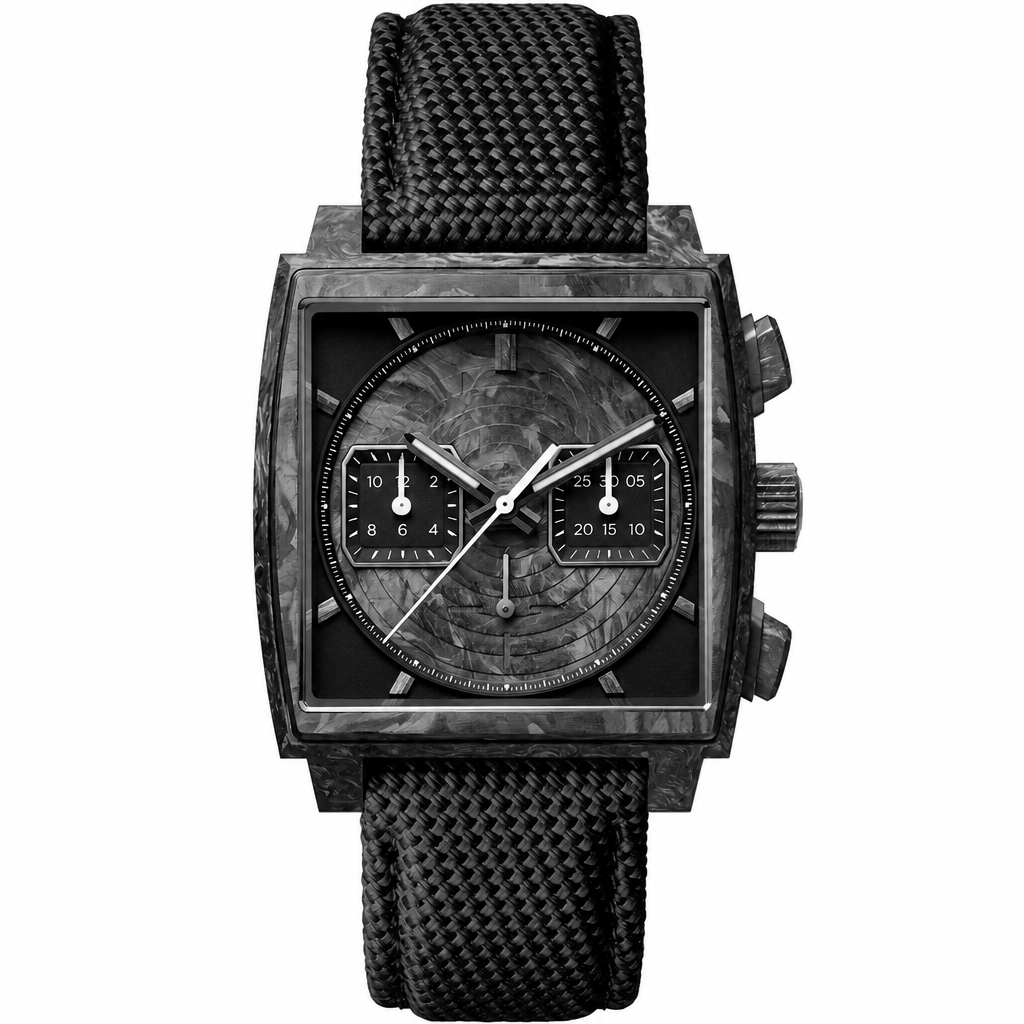 Modern chronograph watch with carbon fiber square case and black woven fabric strap