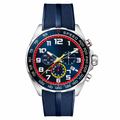 Sport chronograph watch with blue dial and blue silicone strap on white background
