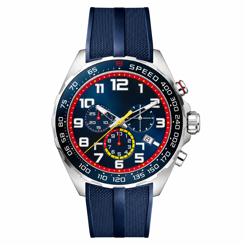 Sport chronograph watch with blue dial and blue silicone strap on white background