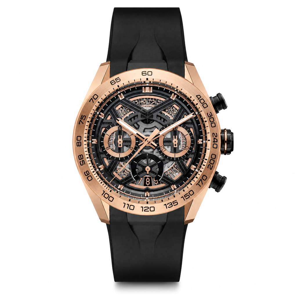 Chronograph sport watch with rose gold-tone case and black rubber strap