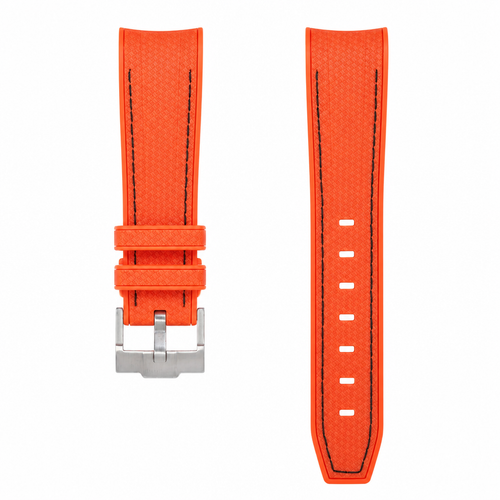Lava orange rubber watch strap with black stitching and silver buckle on white background