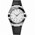 Men's dress watch with silver dial and black leather strap 41mm