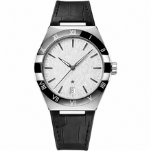 Relógio social masculino com mostrador prateado e pulseira de couro preta, 41 mm