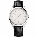 Dress watch with silver dial, polished metal case, and black leather strap