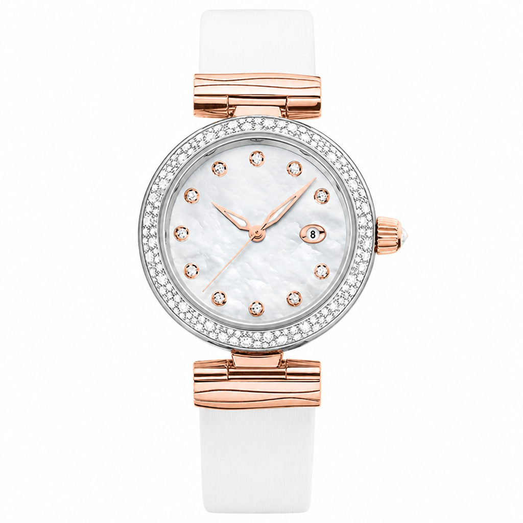 Elegant women's dress watch with mother-of-pearl dial and white strap