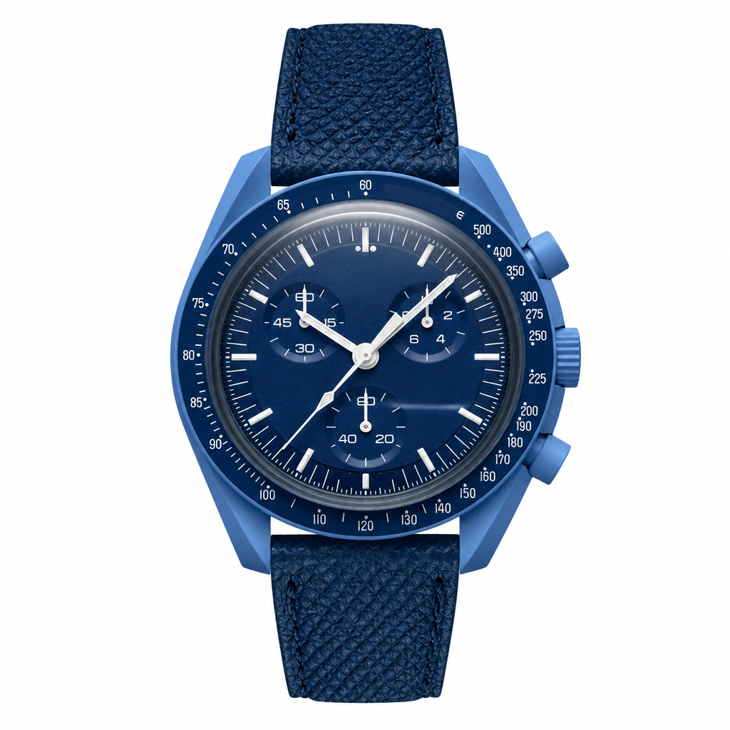 Blue chronograph watch with textured leather strap