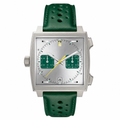 Square silver-tone chronograph watch with green perforated leather strap and silver dial with green subdials