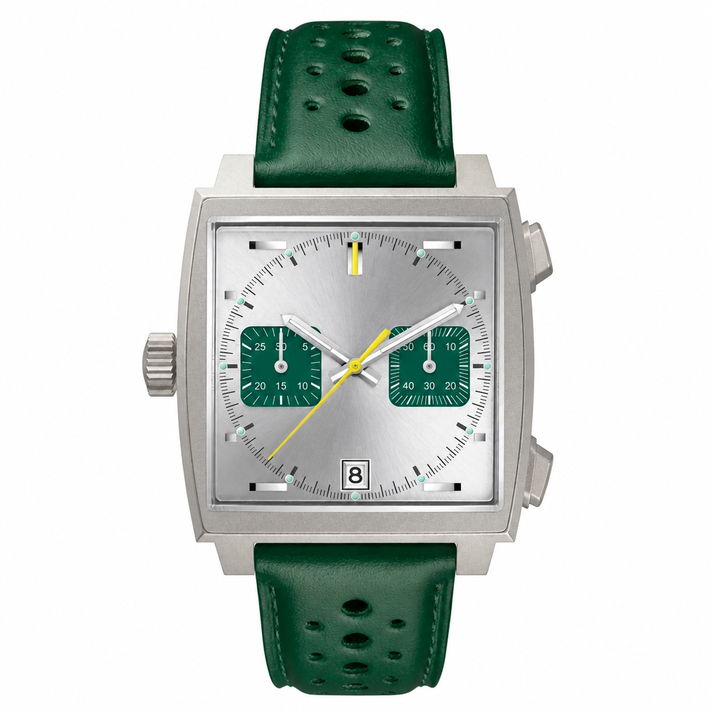 Square silver-tone chronograph watch with green perforated leather strap and silver dial with green subdials