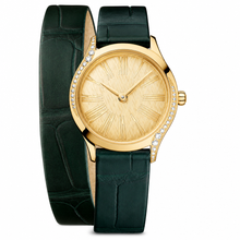 Relógio feminino de ocasião com caixa em tom dourado e pulseira de couro verde-escuro