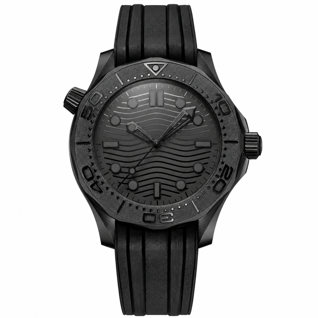 Black diver-style watch with rubber strap 44mm product photo