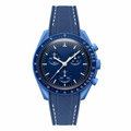 Blue sport chronograph watch with blue dial and rubber-textured strap on white background