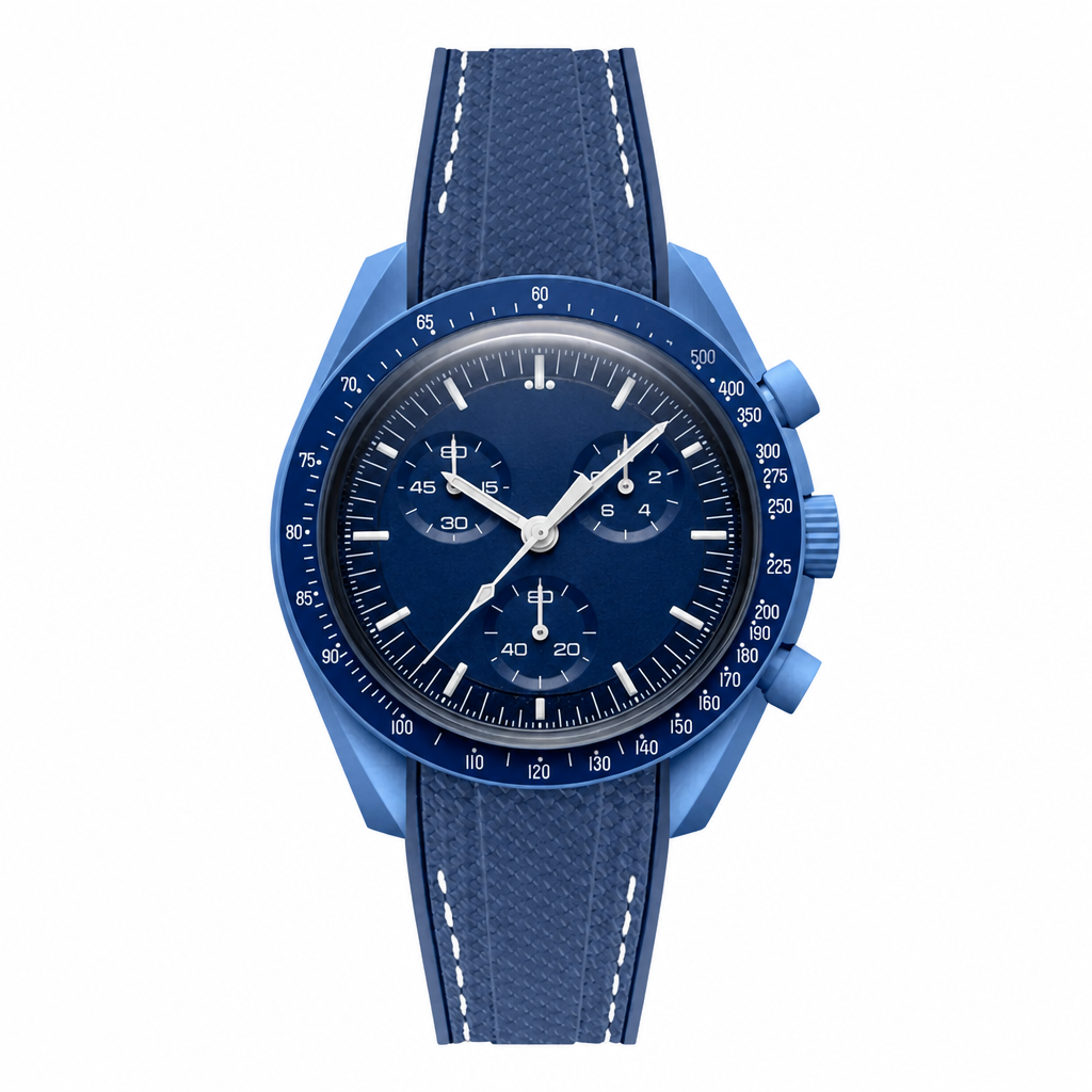 Blue sport chronograph watch with blue dial and rubber-textured strap on white background