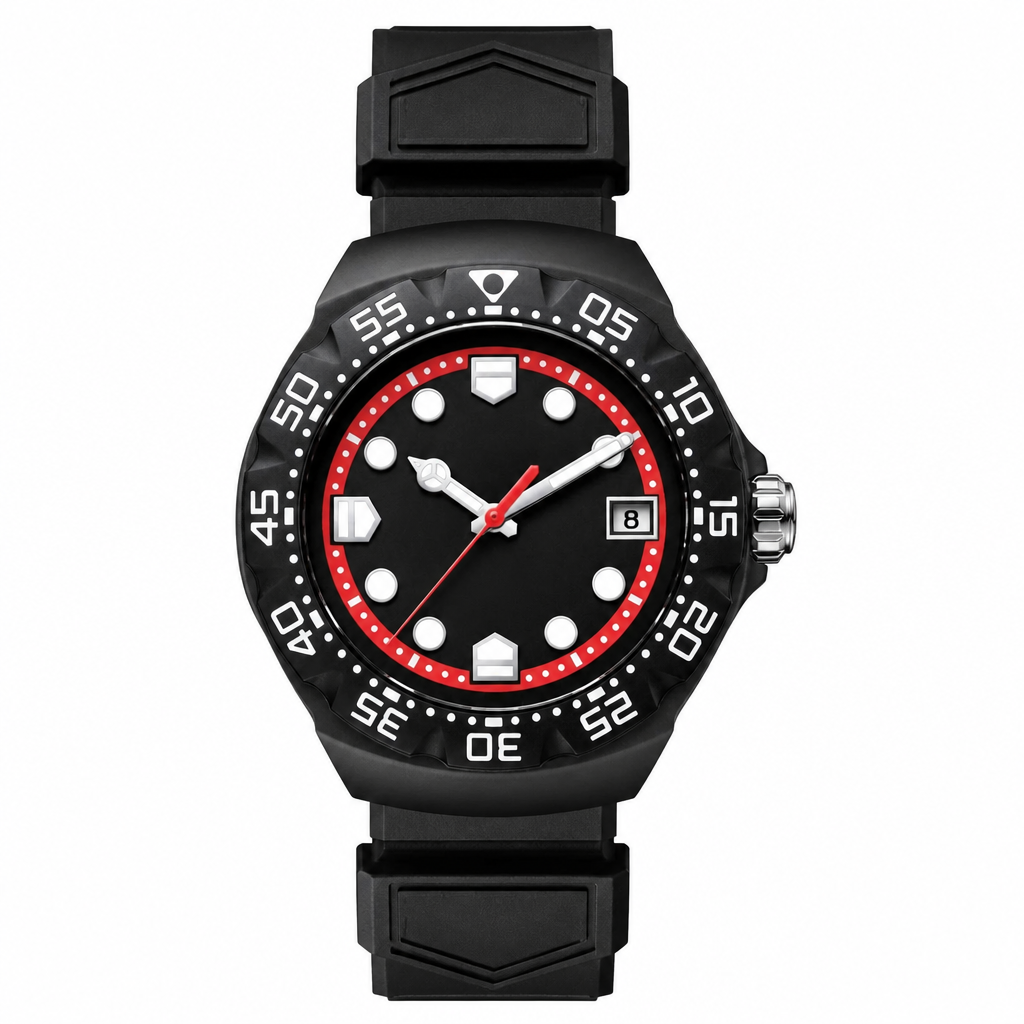 Sport diver-style black resin watch with black and red dial