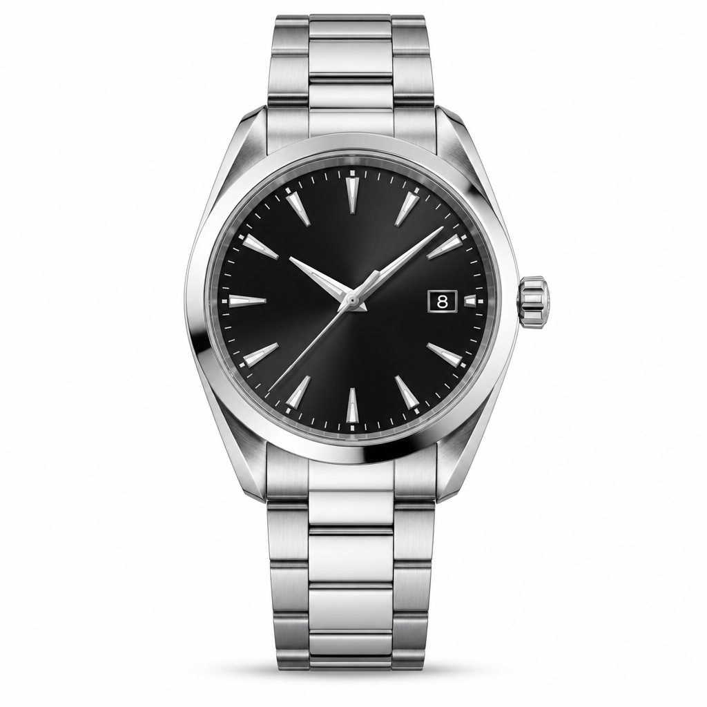 classic 38mm stainless steel watch with black dial and metal bracelet