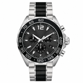 Sport chronograph watch with black dial and silver and black metal bracelet on white background