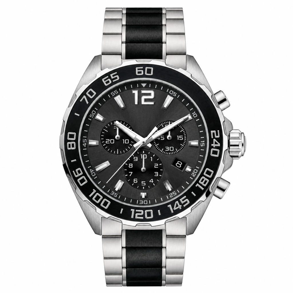 Sport chronograph watch with black dial and silver and black metal bracelet on white background