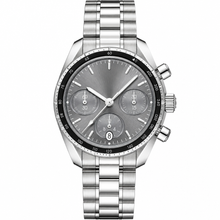 Relógio cronógrafo esportivo de 38 mm com mostrador cinza e pulseira de metal prateada