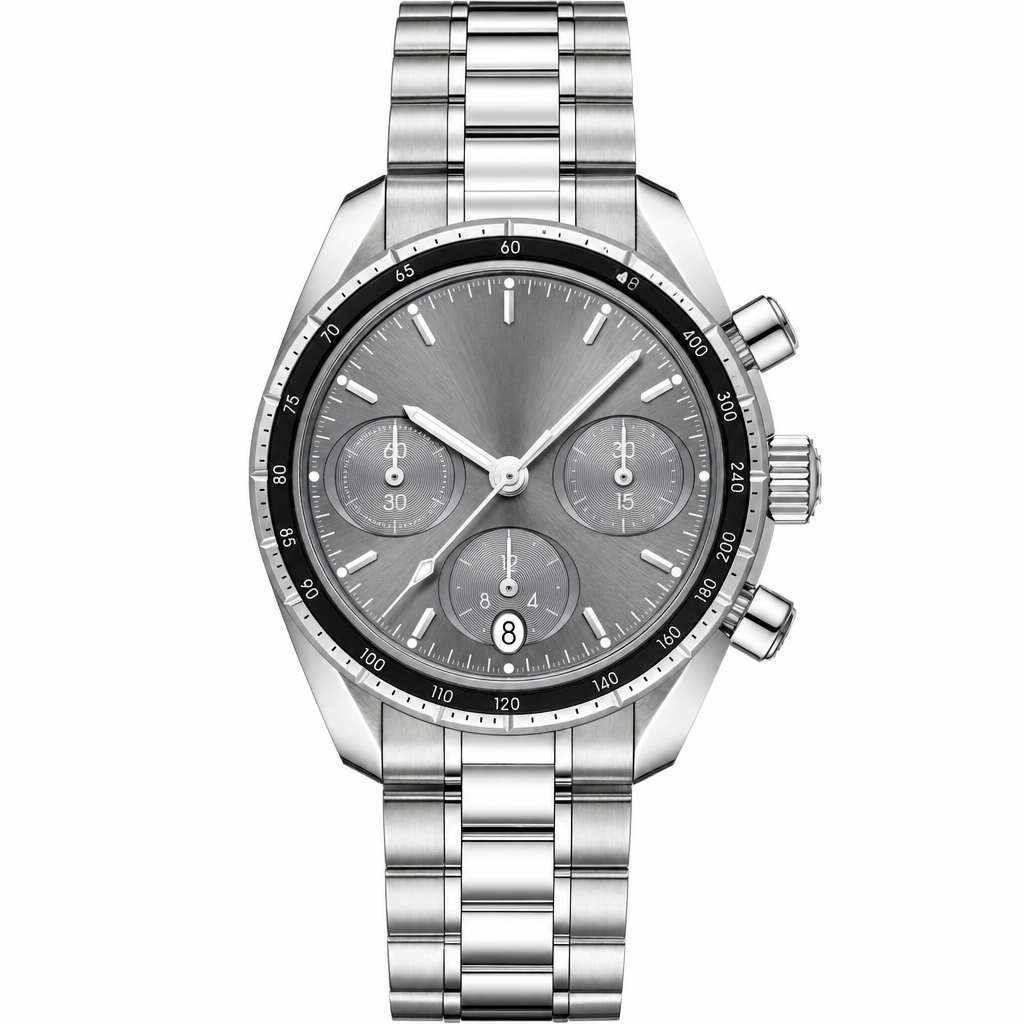 38mm sport chronograph watch with gray dial and silver metal bracelet