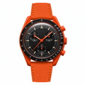 Sport watch with orange leather strap and black chronograph dial