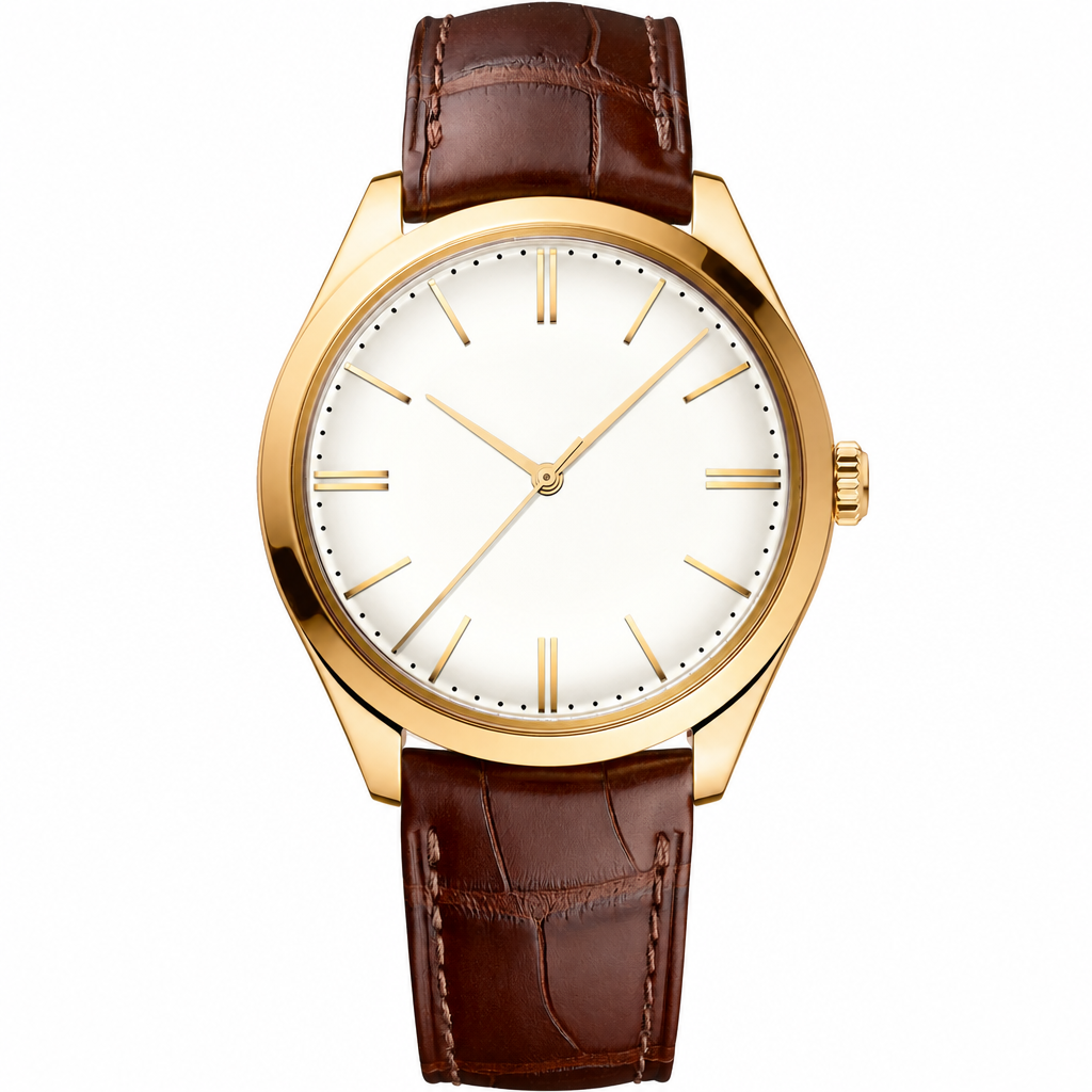 Dress watch with gold-tone case, ivory dial, and brown leather strap on white background