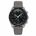 Chronograph watch with black dial and grey suede leather strap on white background