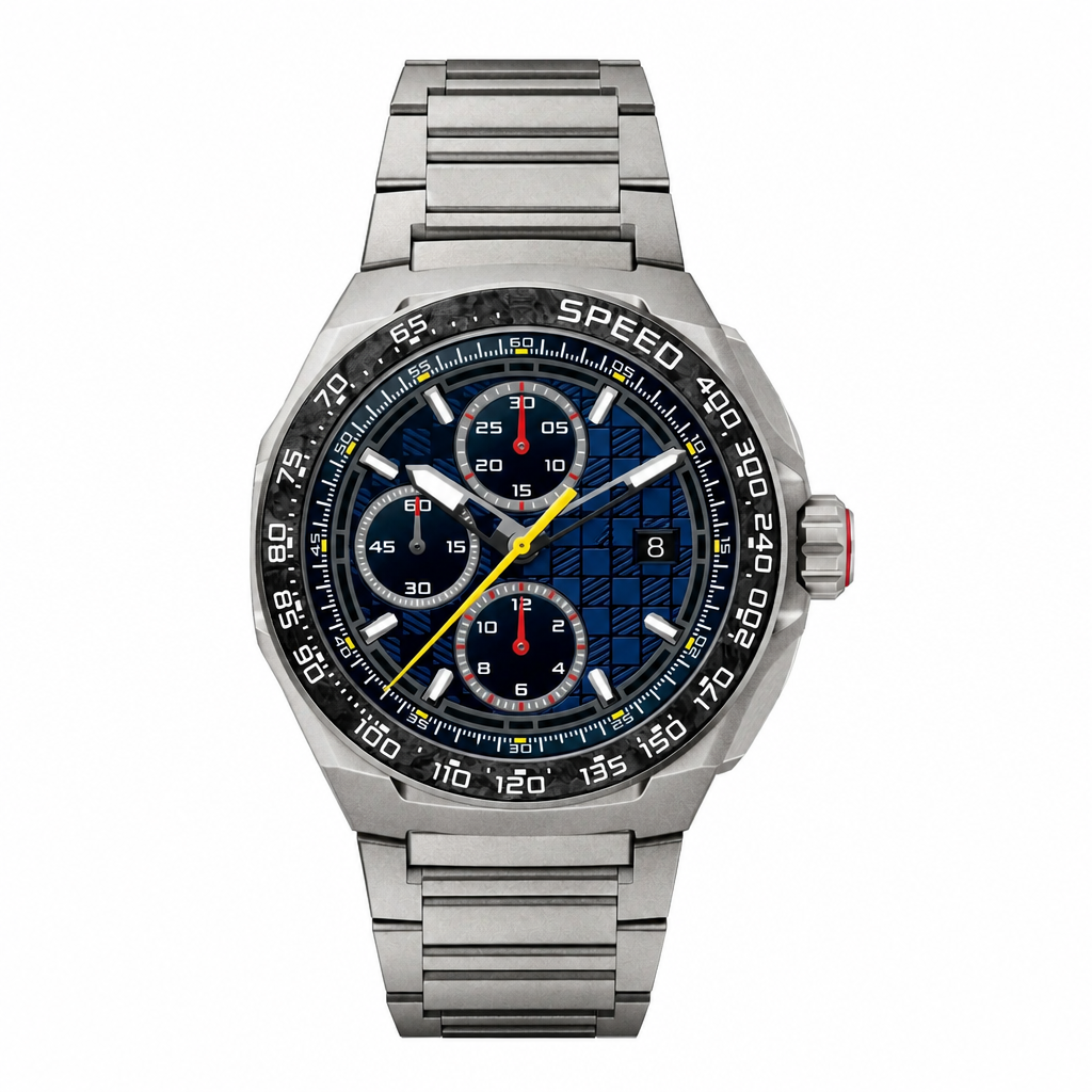 Sport chronograph watch with blue dial, silver metal strap, and black tachymeter bezel