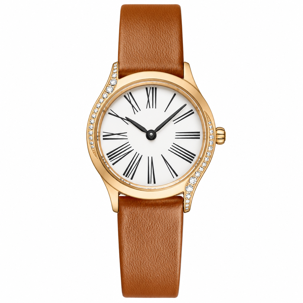 Women's dress watch with gold-tone case, white dial, and brown leather strap