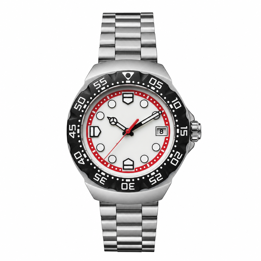 Sport watch with white dial, red accent, black bezel and silver metal bracelet on white background