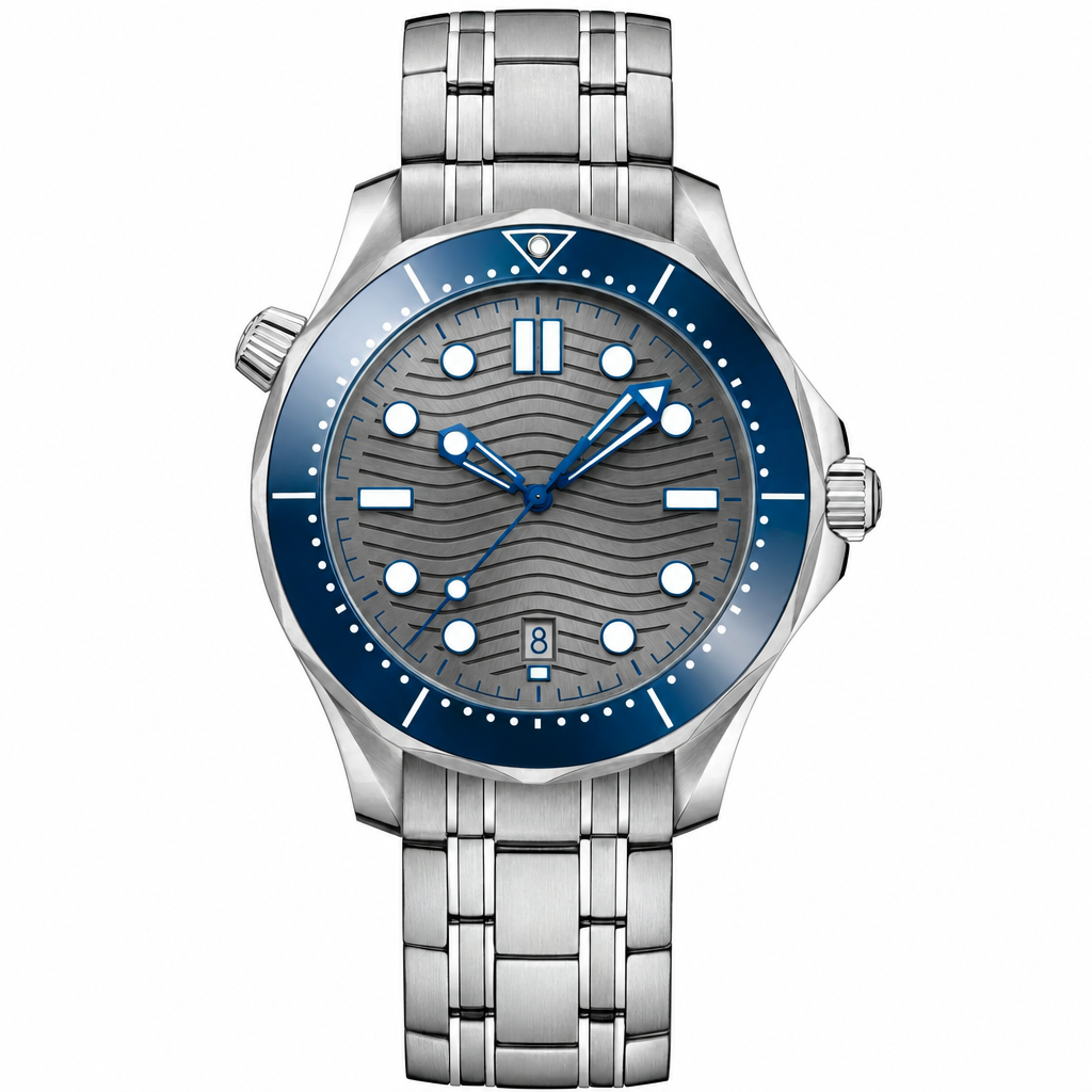 42mm stainless steel diver watch with gray dial and blue bezel on metal bracelet