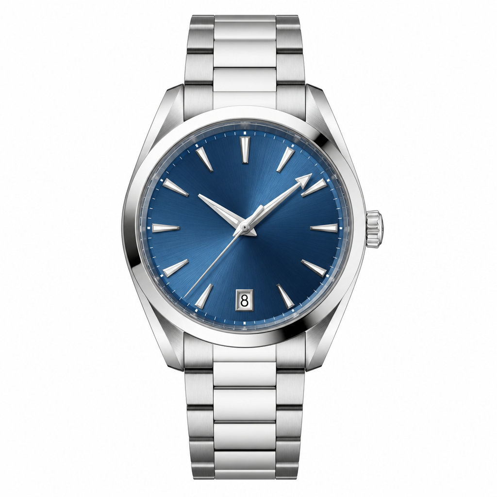 classic stainless steel watch with blue dial and metal bracelet, 38 mm case