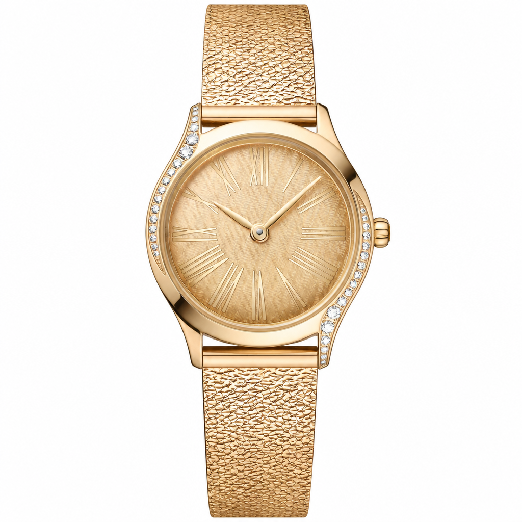 Women's gold-tone dress watch with mesh strap and diamond-like bezel accents