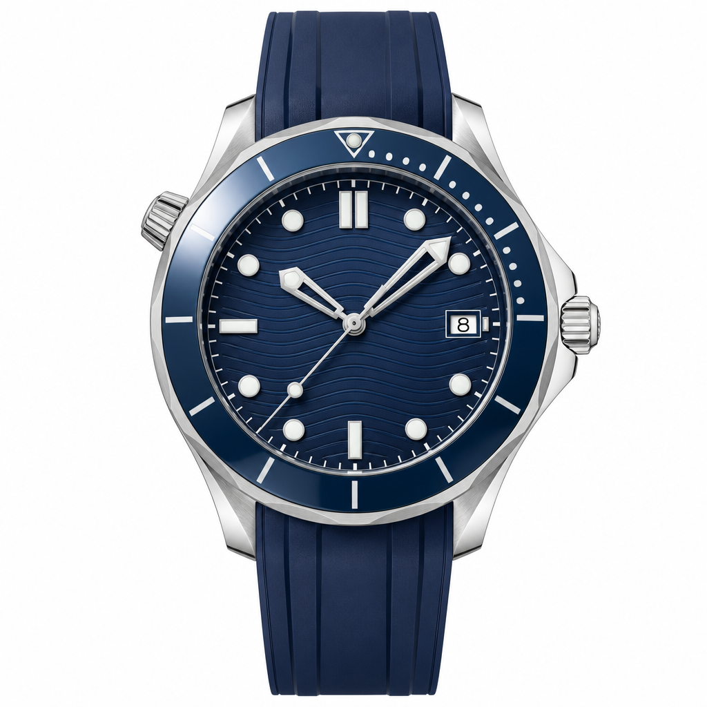 Blue dial sport watch with silver case and blue rubber strap, front view