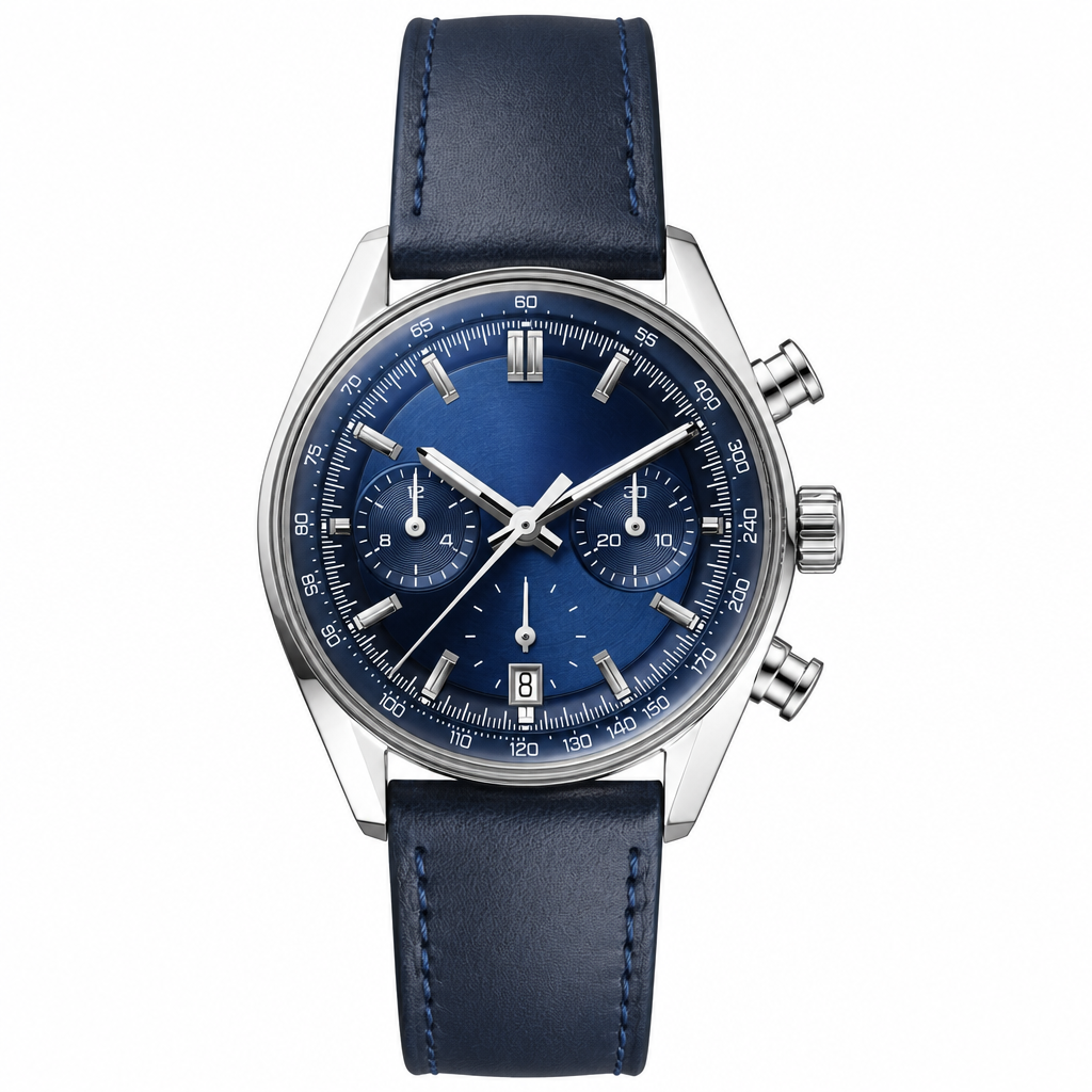 Chronograph watch with blue dial, silver case, and dark blue leather strap on white background