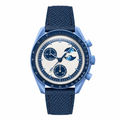 Chronograph wristwatch with blue and light blue dial moonphase and dark blue leather strap on white background
